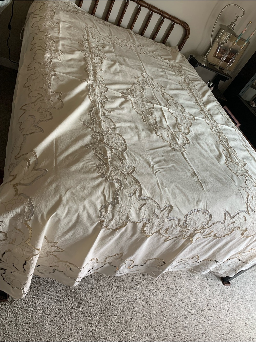Vintage French Tablecloth or Bed Coverlet (shown on Queen bed) 104”x70” Pristine